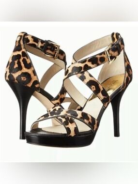 Michael Kors Evie Hair Calf Cheetah Print  Platform Sandals Stilettos Shoe Sz 6